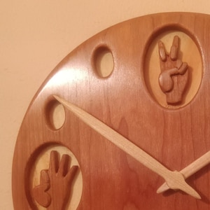 Round, wooden, ASL Novelty Wall Clock. Wood, Unique American Sign Language gift. ASL wall décor for any room. Deaf wall hanging round clock