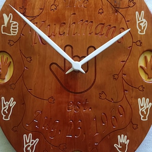 Personalizable, large, 16-inch, ASL Novelty Clock with ILY hands- American Sign Language novelty, gift for deaf, all occasion wall art.