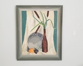 Vintage 1951 Still Life Southwestern Pottery Framed Painting on Board Signed Art Anasazi Bowl Mid Century Modern Artwork Masonite
