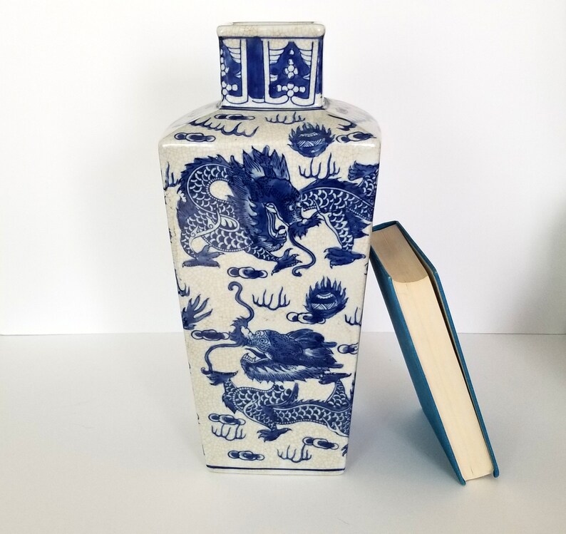Large Square Blue And White Asian Dragon Vase Chinoiserie Chic Etsy
