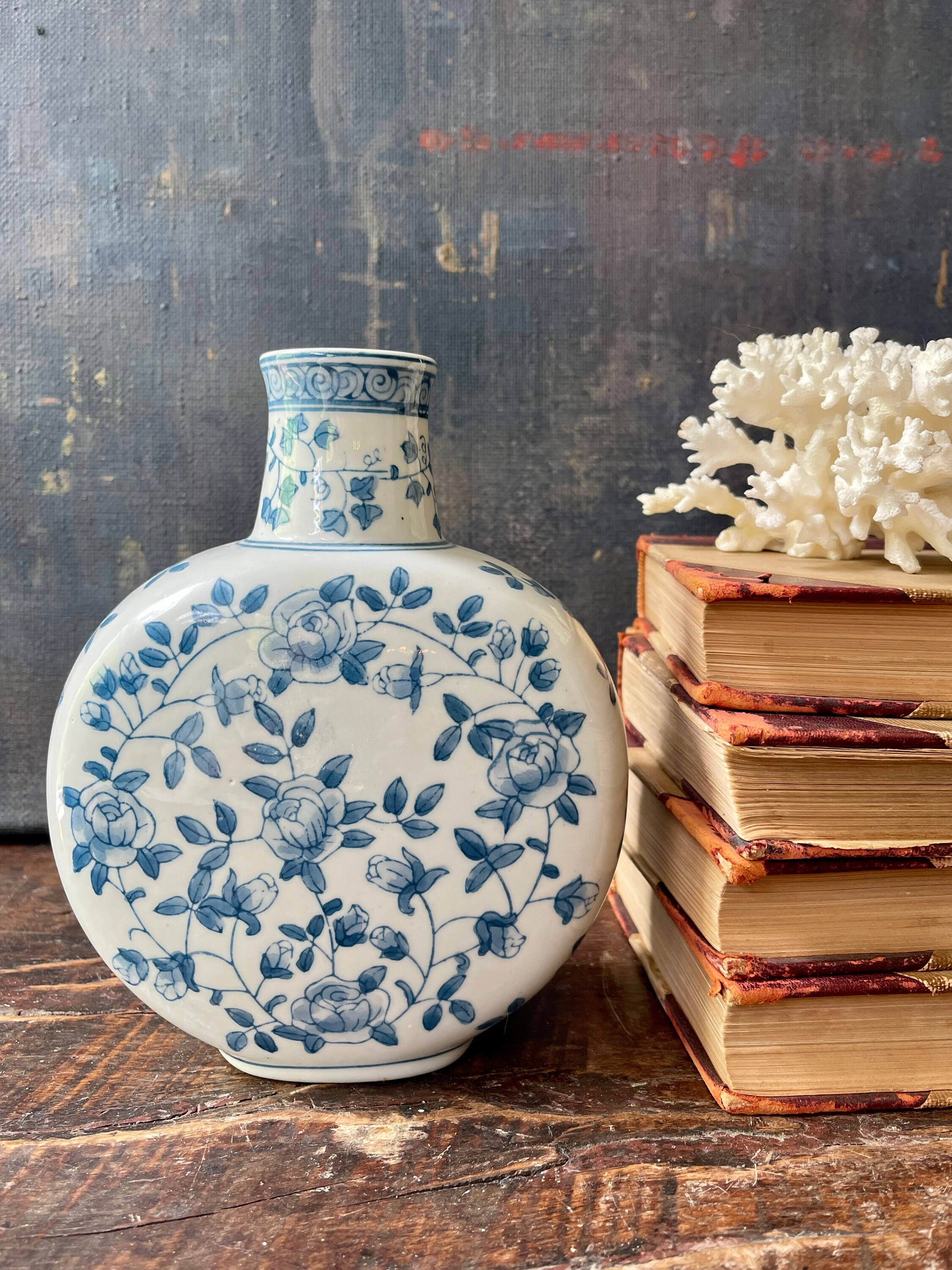 Blue and White Chinoiserie Moon Shape Vase Chinese Ceramic Asian Decor Grand Millennial Style