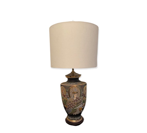 Vintage Black Satsumi Table Lamp Asian Decor Japanese Chic Dragon Eclectic