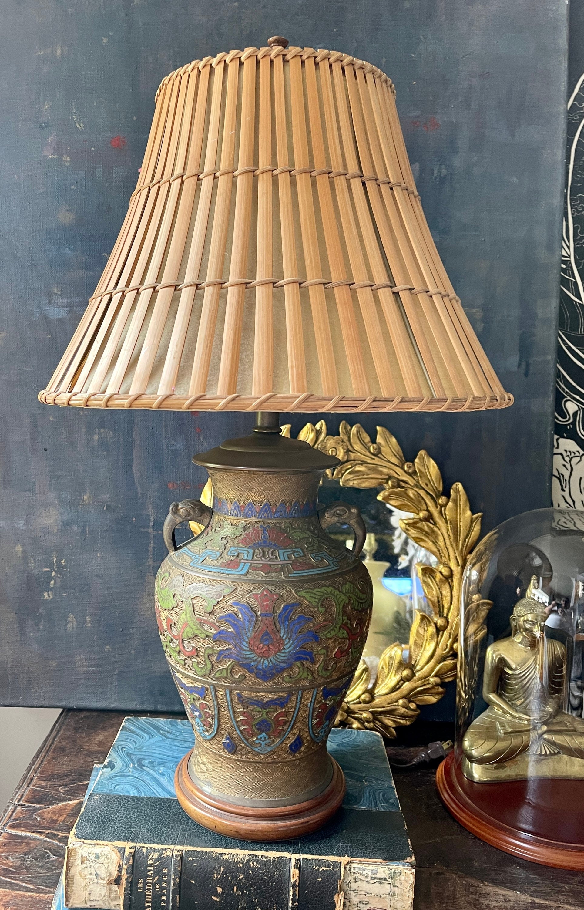 Antique Chinoiserie Champleve Foo Dog Urn Table Lamp Grand Millennial Decor
