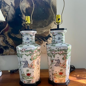 Pair of Green and White Vintage Asian Table Lamps