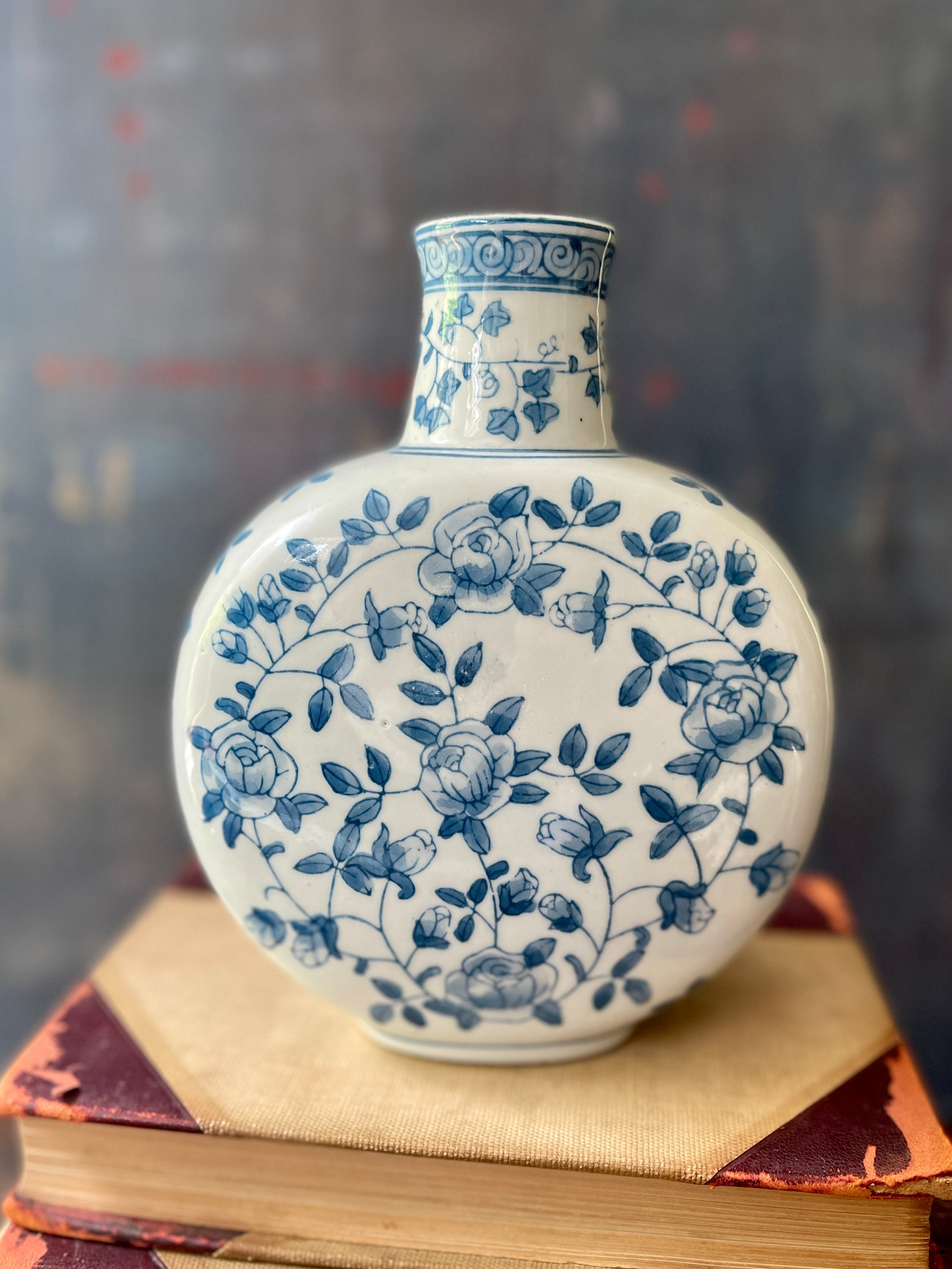 Blue and White Chinoiserie Moon Shape Vase Chinese Ceramic Asian Decor Grand Millennial Style