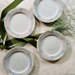 Set of Four (4) 1980s Studio Nova 7.75” Plates in Terrazzo Pattern | Postmodern Decor