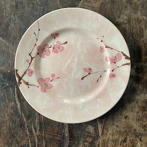 May include: A round, pale pink ceramic plate with a floral design. Brown branches with pink blossoms are painted around the plate's edge. The plate has a subtle, marbled texture.