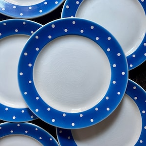Set of Six (6) Swedish Gefle Blue and White Polka Dot Plates in Amanita Scandinavian Decor