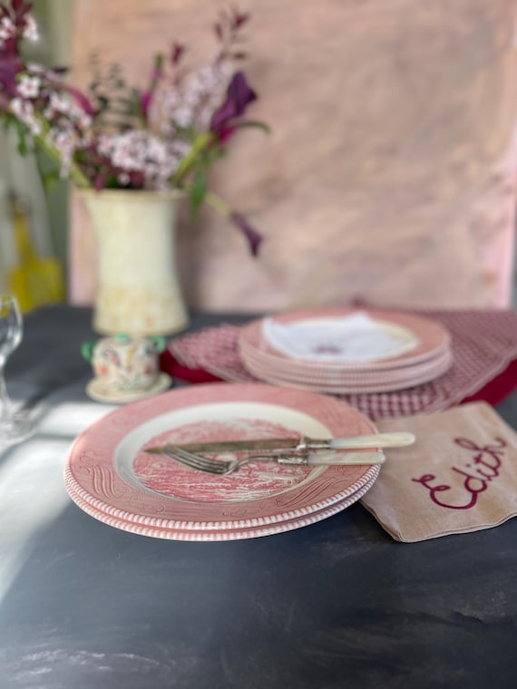 Set of Six (6) Pink and White Currier and Ives Royal Ironstone 10” Plates
