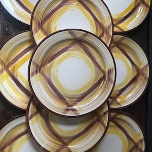 Set of Ten (10) Vintage Brown and Yellow Organdia by Vernonware California 9.75” Plates Cottage Decor