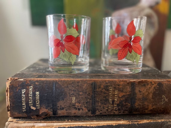 Set of Two (2) Vintage Block Poinsettia Whiskey Glasses