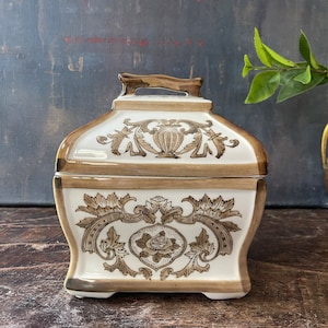 Brown and White Chinese Ceramic Lidded Box
