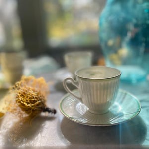Vintage Set of Four (4) Danish Teacups & Saucers by Thorkild Olsen Royal Copenhagen Porcelain in Green Melodi