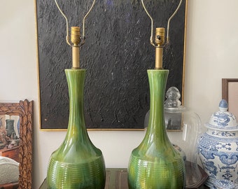 Pair of Green MCM Drip Glaze Tall Lamps