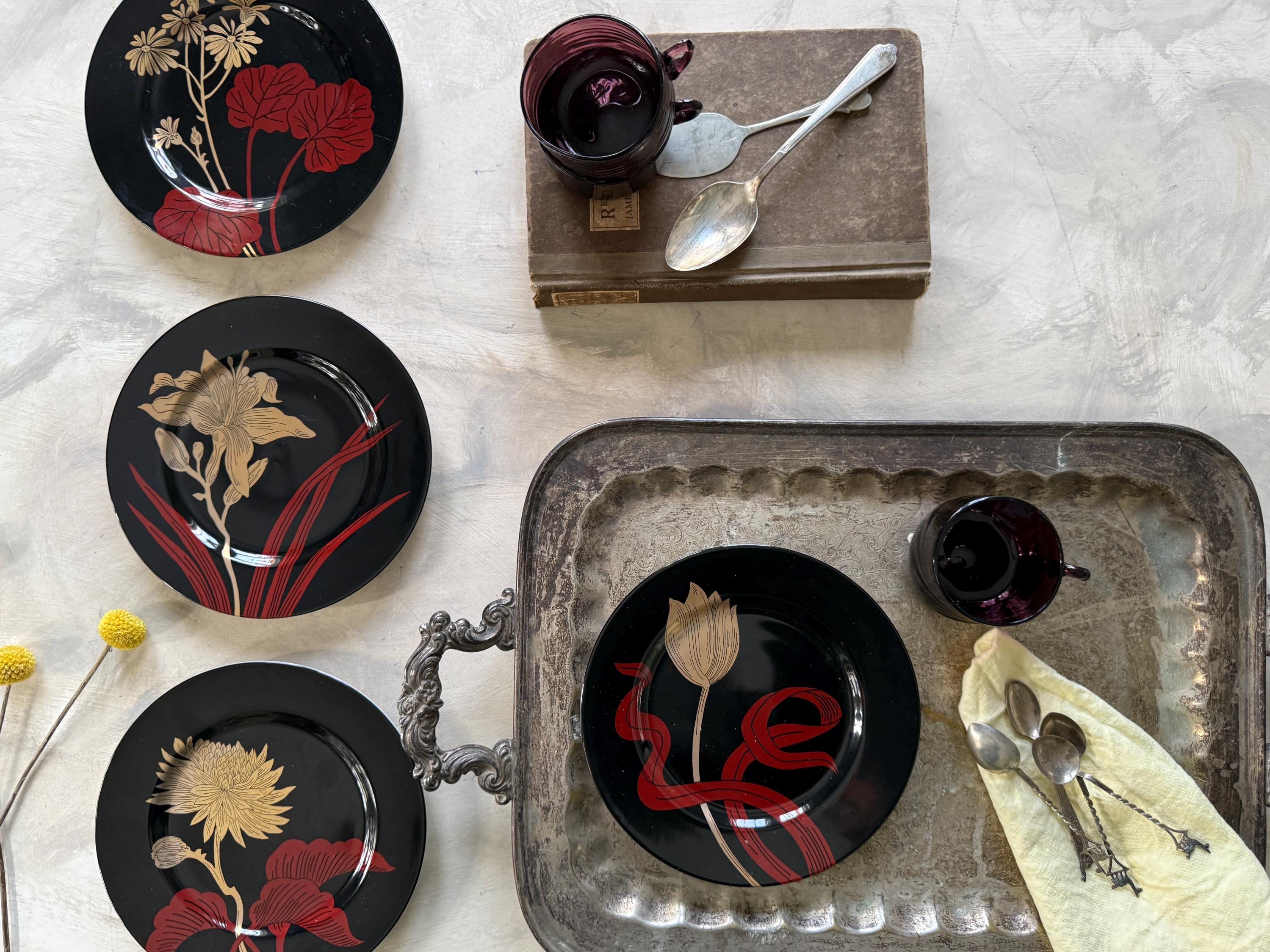 Set of 4 Fitz and Floyd 1979 Imperial Garden Black Floral 7.5