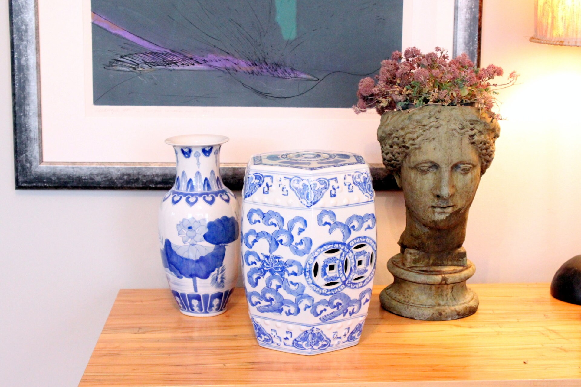 Vintage Hexagon Shaped Chinese Blue And White Ceramic Garden Etsy