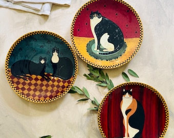 Set von drei (3) Warren Kimble für Lennox Dekorative Katzenteller | Coole Katze | Glückliche Katze | Richtige Katze | Katzenliebhaber