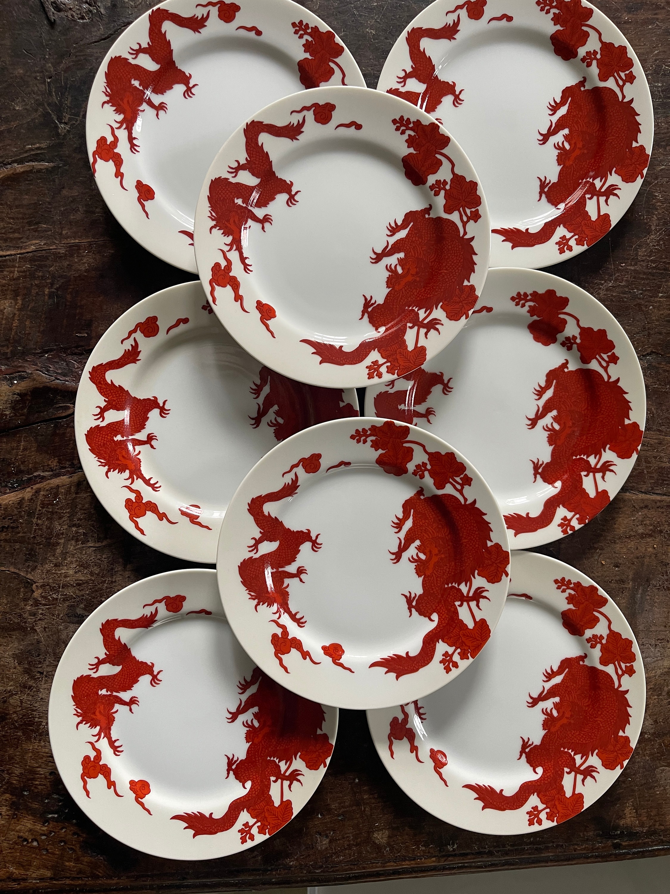 Set of Eight 8 Fitz and Floyd Red and White Temple Dragon 6 5/8