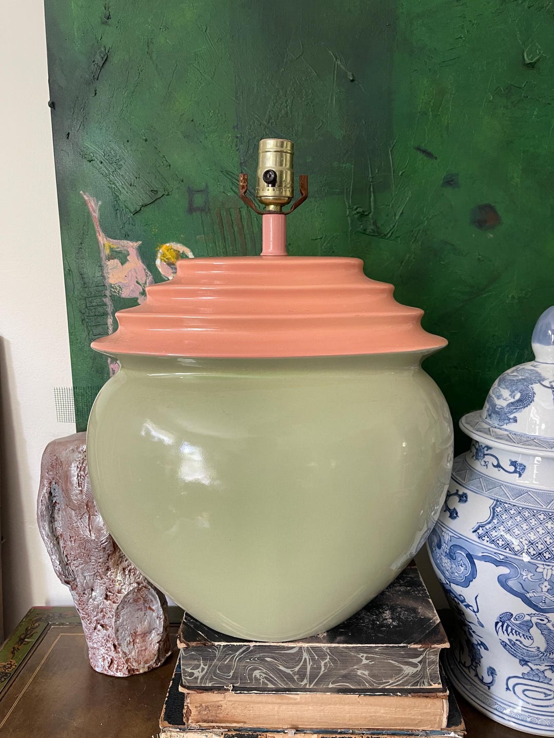 Early 20th Century Art Deco Pink and Green Akron Lamp Etsy