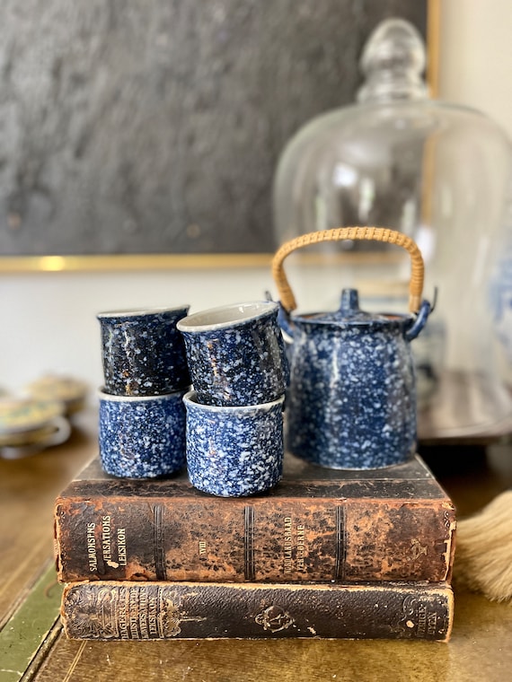 Vintage Blue Otagiri Stoneware a teapot and Four Cups