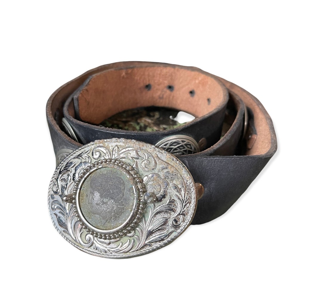 Antique Coin Belt Buckle on Leather Belt Southwest Vines Black Leather