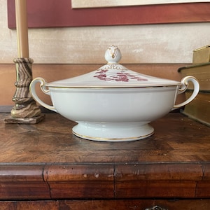 Vintage Noritake Geranium Burgundy and Gray Lidded Casserole Serving Dish