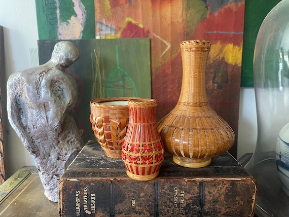 Set of Three (3) Vintage Asian Basket Vases