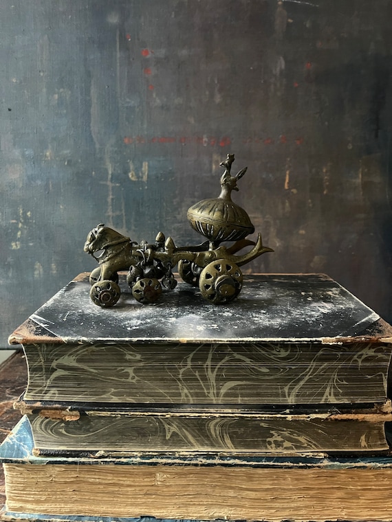 Antique Asian Heavy Bronze Horse Cart Incense Burner