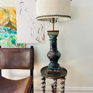 Vintage Turquoise and Burgundy Pottery Lamp on Walnut Base