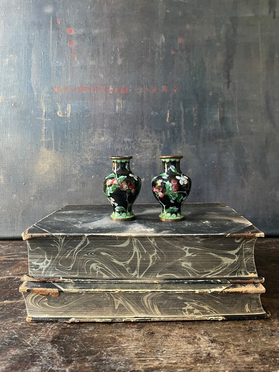 Pair of Vintage Chinese Black Cloisonné 3” Vases