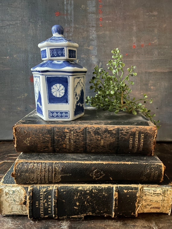 Blue and White Chinoiserie Hexagon Shaped Tea Canister Grand Millennial Decor