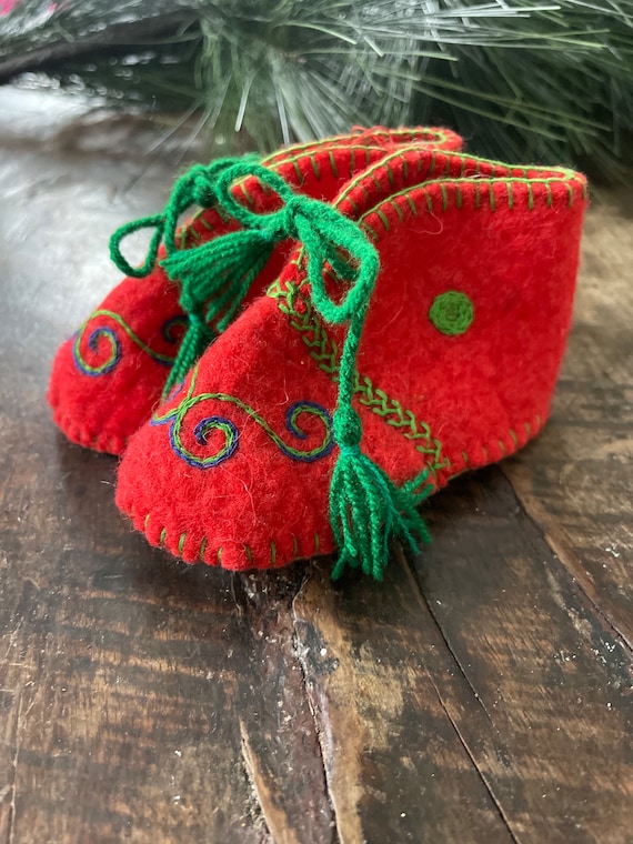 Pair of Red Felt Nordic Baby Booties