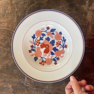 1975 Fitz and Floyd 9.25” Blue and Res Chrysanthemum Bowl