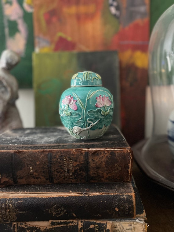 Vintage Chinese Majolica Crane Ginger Jar - Etsy
