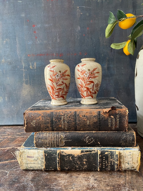 Pair of Vintage Japanese Crackle Glaze Cherry Blossom Vases