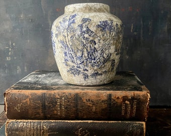 Crackle Glaze Blue Transferware Vase