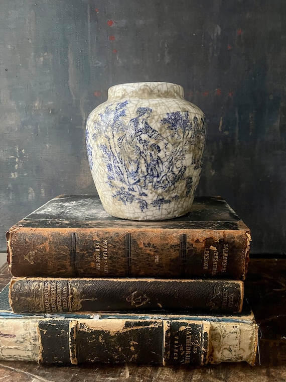 Crackle Glaze Blue Transferware Vase