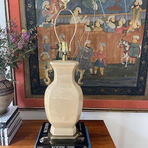 Vintage Paul Hanson Designer Pale Yellow Crackle Glaze Chinoiserie Lamp