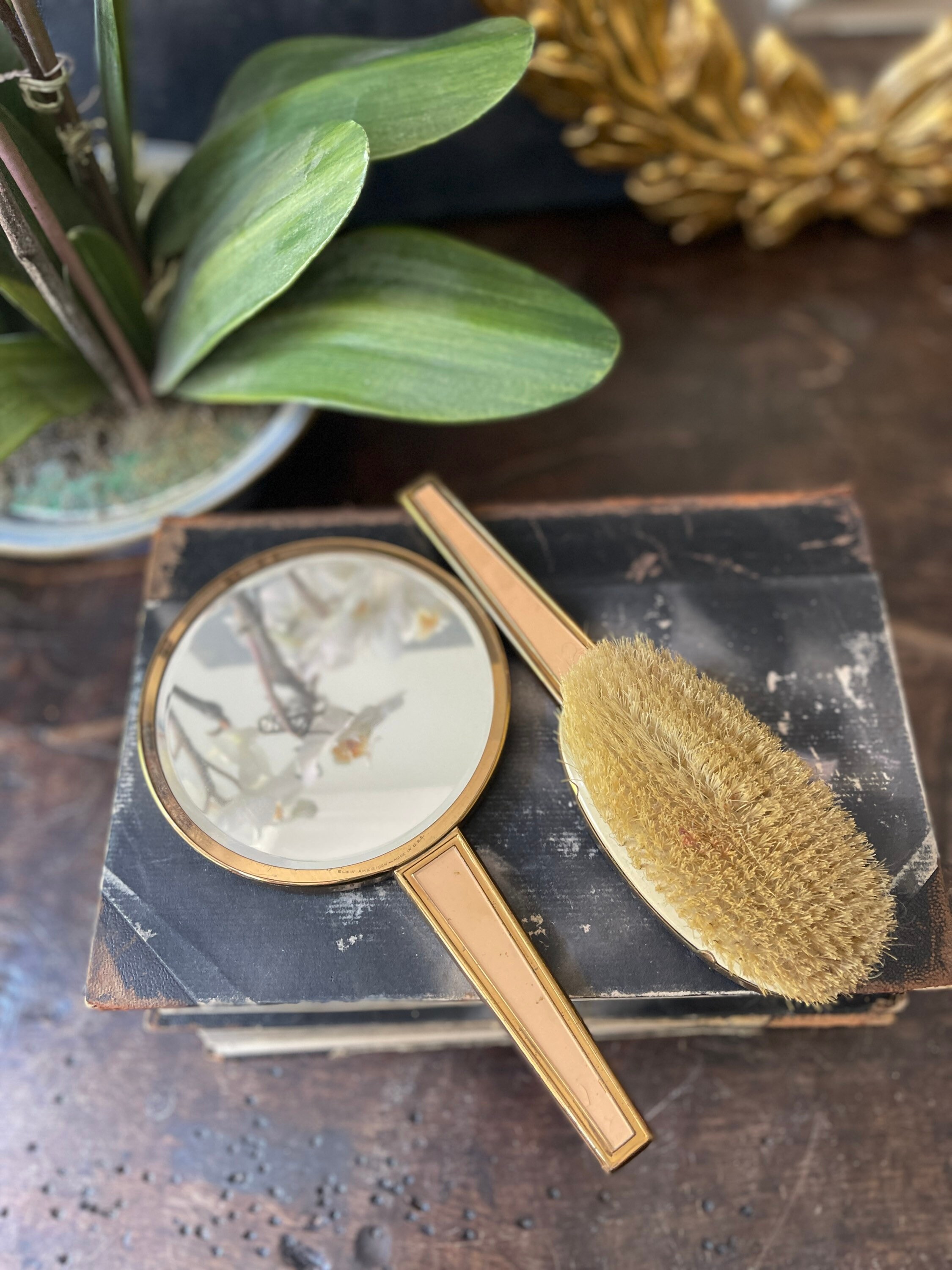 Vintage Vanity Set of Hand mirror and Hair Brush Elgin American