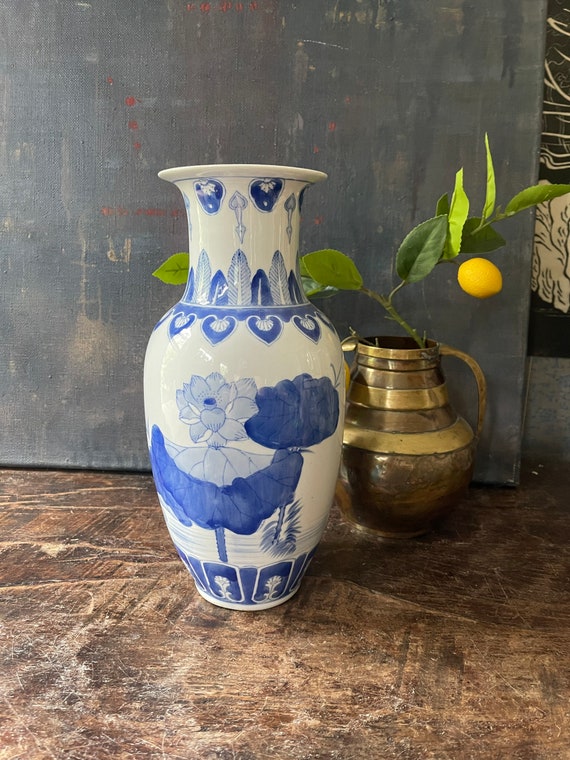 Vintage Tall Blue and White Asian Vase Chinoiserie Chic Mantel Decor Coastal Bookshelf Style Chinese Export Ceramic