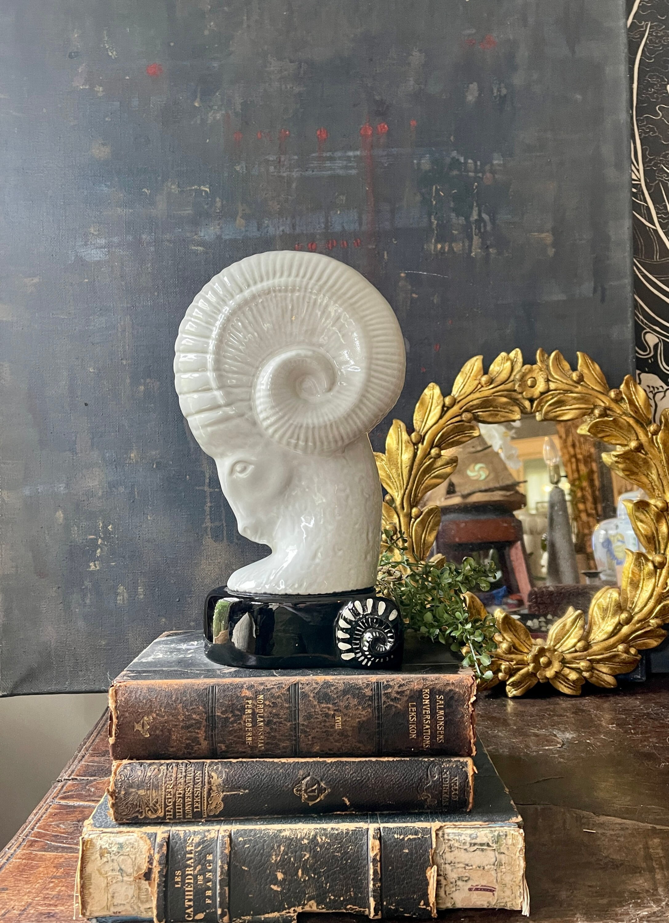 Black and White Ceramic Ram Statue Bookshelf Decor
