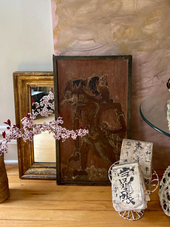 インドネシア伝統木彫パネル ワヤン アンティーク壁掛け 民芸アート