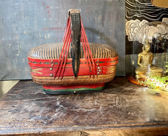 Vintage Red and Green Asian Woven Basket Chinoiserie Decor