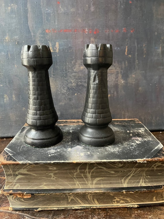 Pair of Black 6 Ceramic Chess Pieces Castles Rooks 