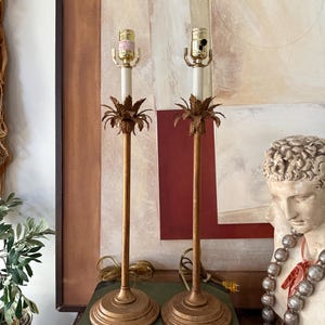 Pair of Currey and Company Table Lamps Gold Leaf Palm Detail 32 Inch Tall