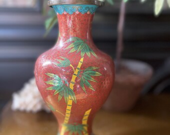 Palm Tree Chinese Cloisonné 9” Vase Chinoiserie Chic Beachy Palm Beach Style Coastal