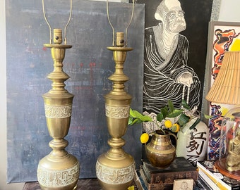 Pair of Mid Century Tall James Mont Style Brass Table Lamps