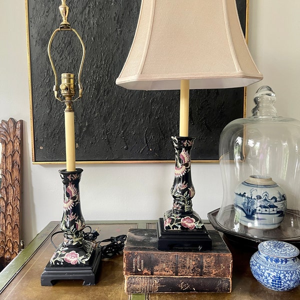 Pair of Vintage Bradburn Gallery Black Chinoiserie Buffet Lamps