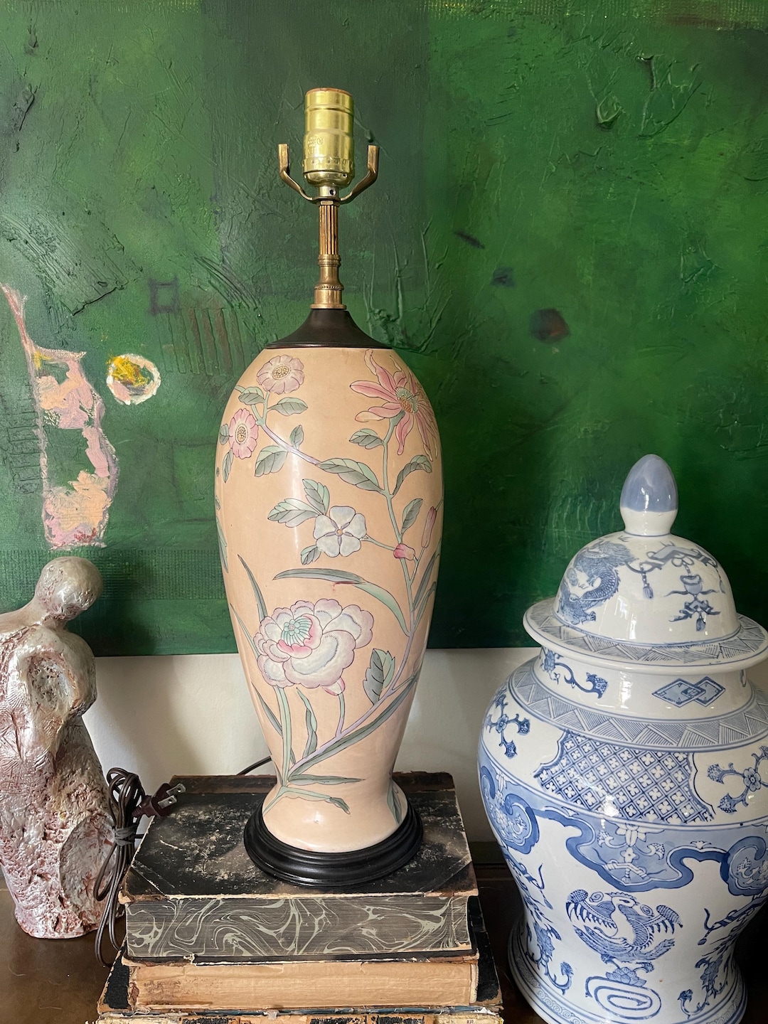 Vintage Peach Floral Chinoiserie Lamp - Etsy