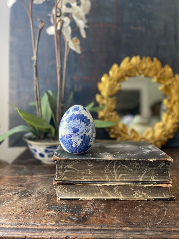Blue and White Ceramic 4” Chinese Egg chinoiserie decor